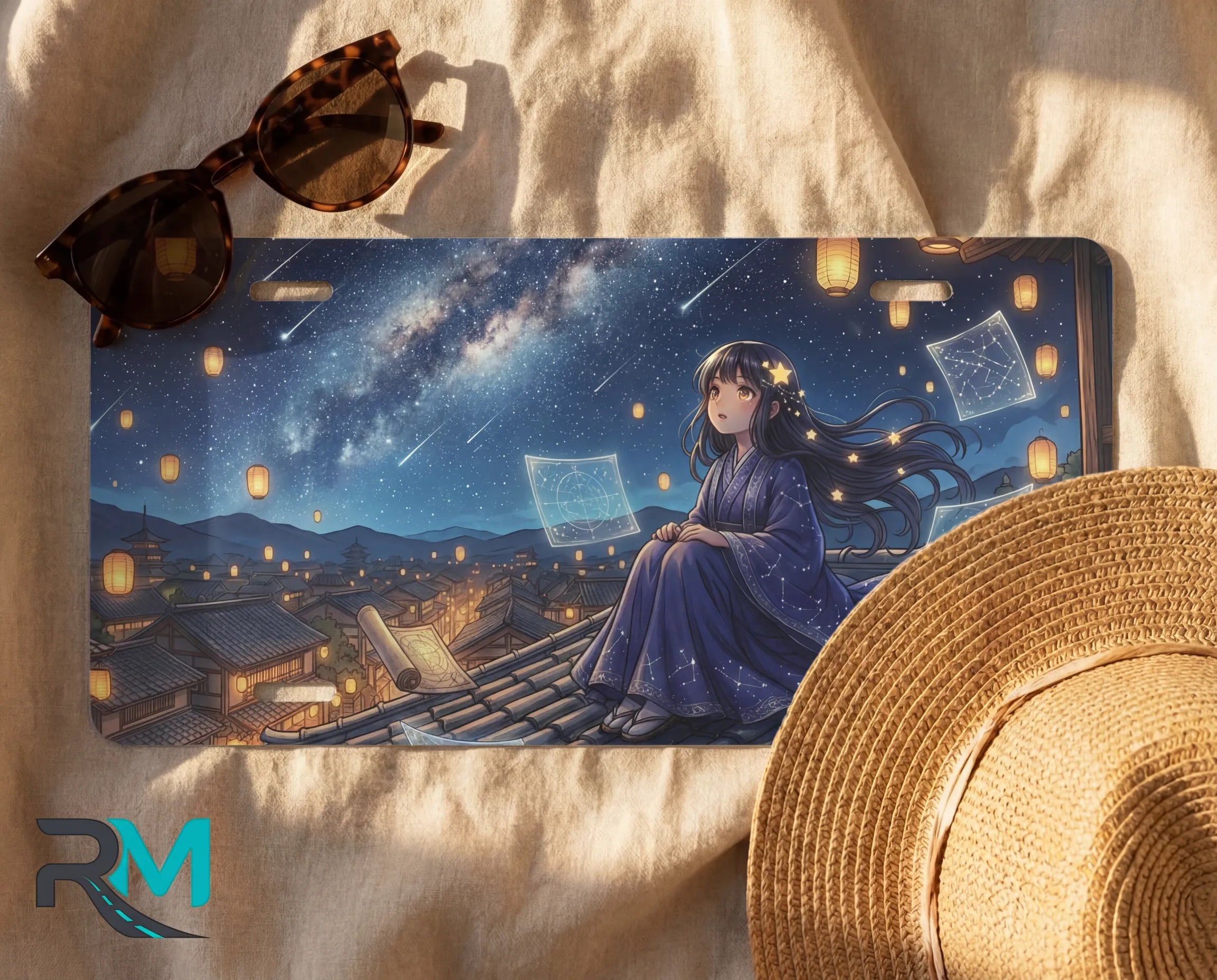 starry night girl license plate flat lay — deep blue night girl rooftop lanterns front plate