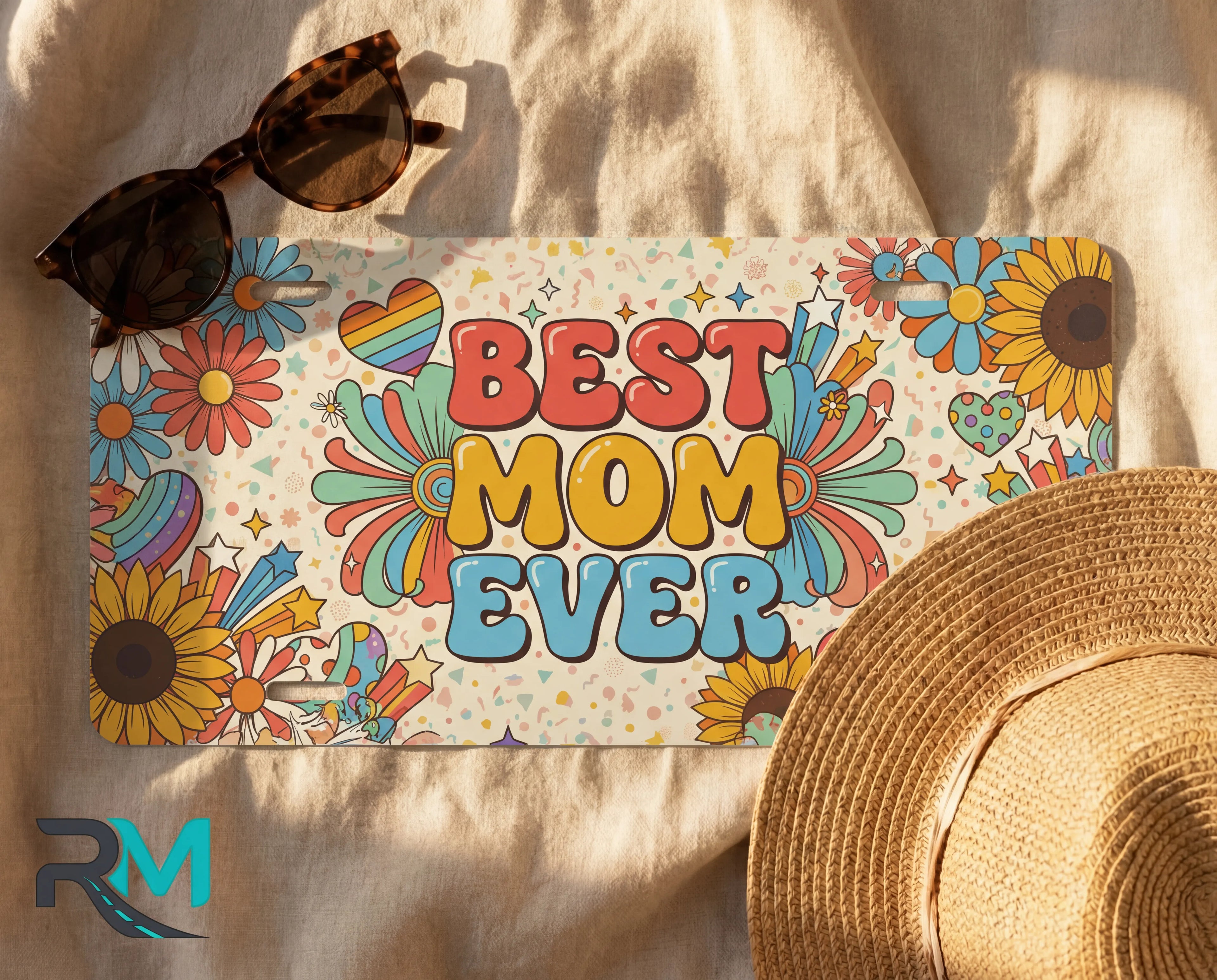Best Mom Ever Floral Retro Rainbow Vanity Plate