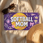 softball mom license plate flat lay — rich purple softball bat glove trophy front plate