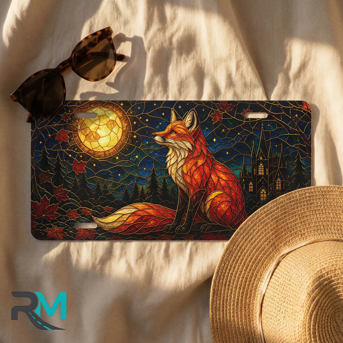 fox moon license plate flat lay — jewel tone fox glowing moon autumn leaves castle front plate