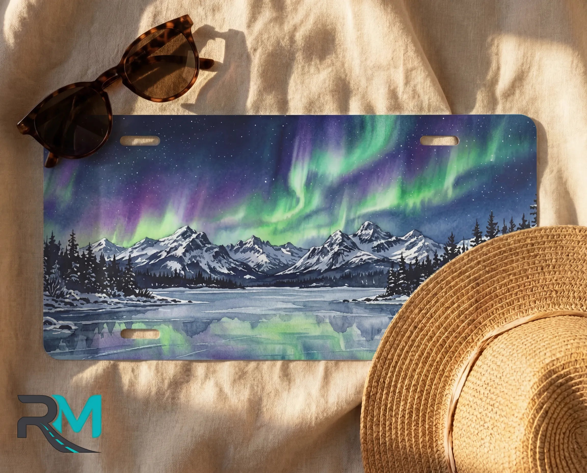 decorative aurora license plate flat lay — northern lights green purple front license plate