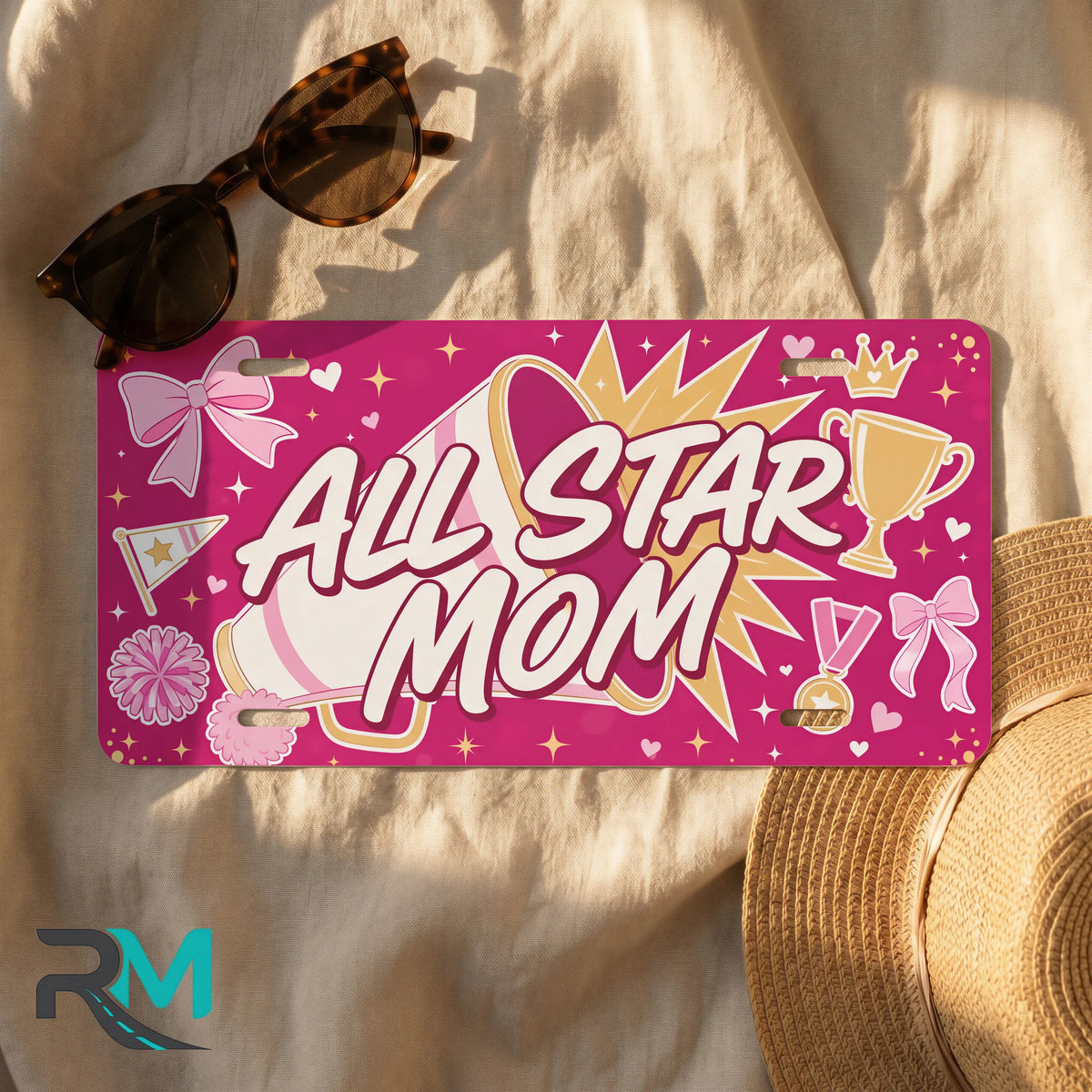 all star mom license plate flat lay — hot pink megaphone crown front plate