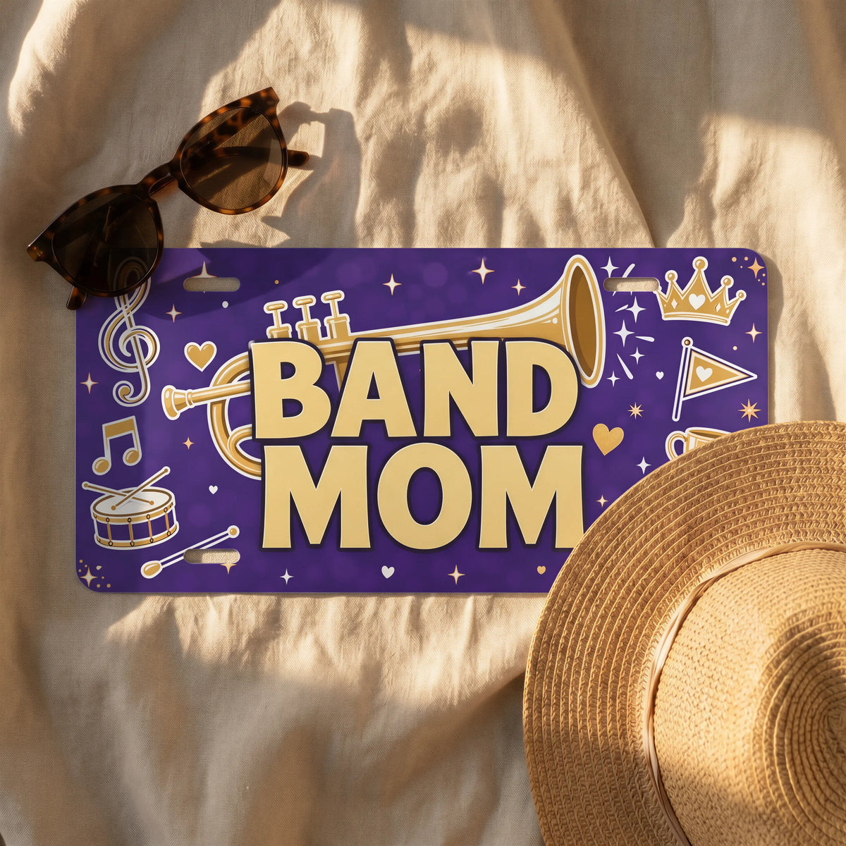 band mom license plate flat lay — musical notes instrument stars front plate