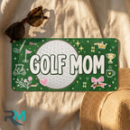 golf mom license plate flat lay — deep green golf ball trophy front license plate