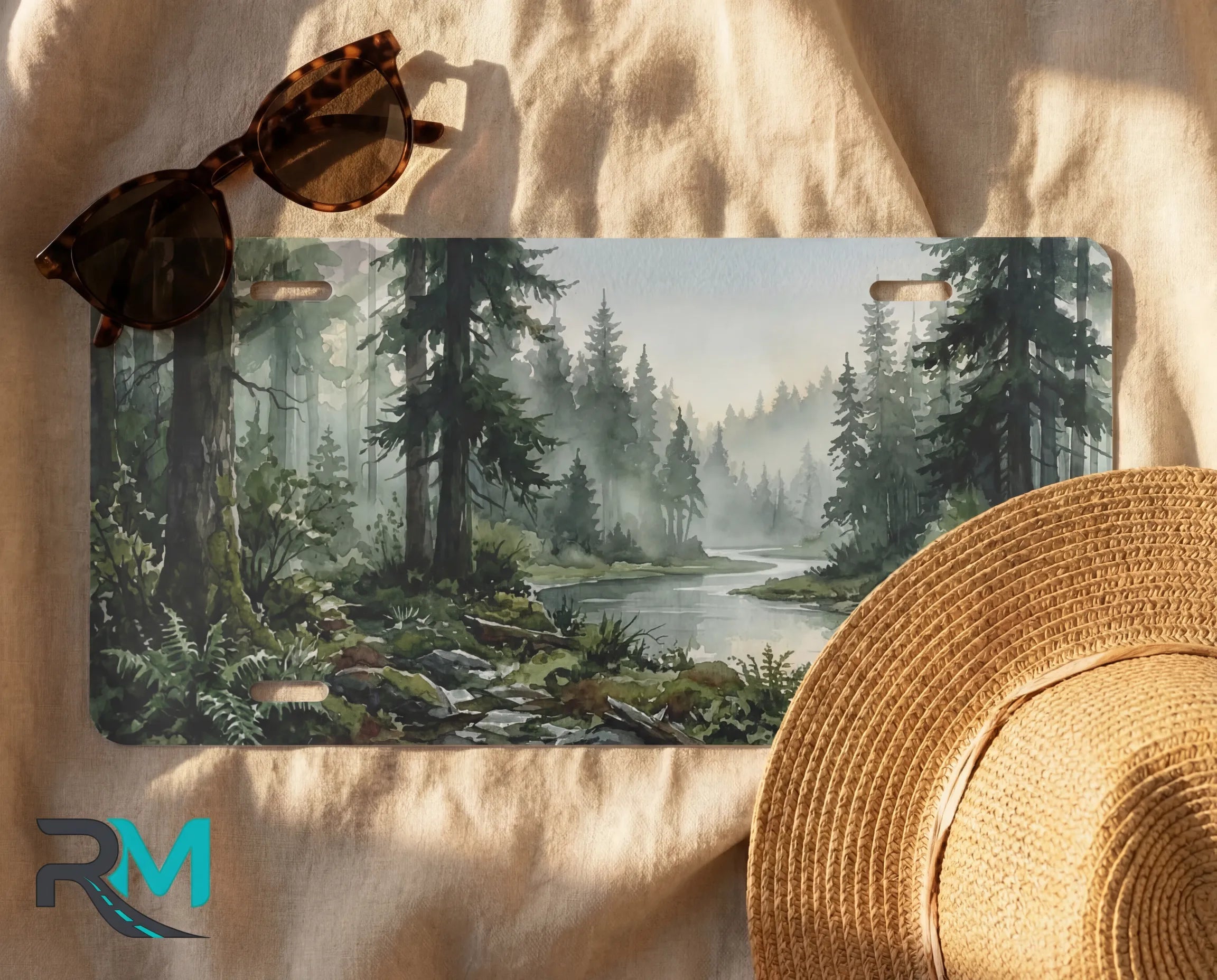 decorative forest river license plate flat lay — misty woodland front license plate art