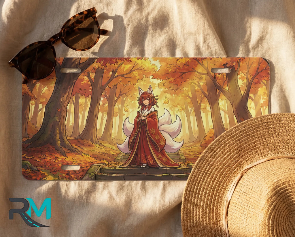 autumn fox spirit license plate flat lay — warm red gold kitsune enchanted autumn forest front plate