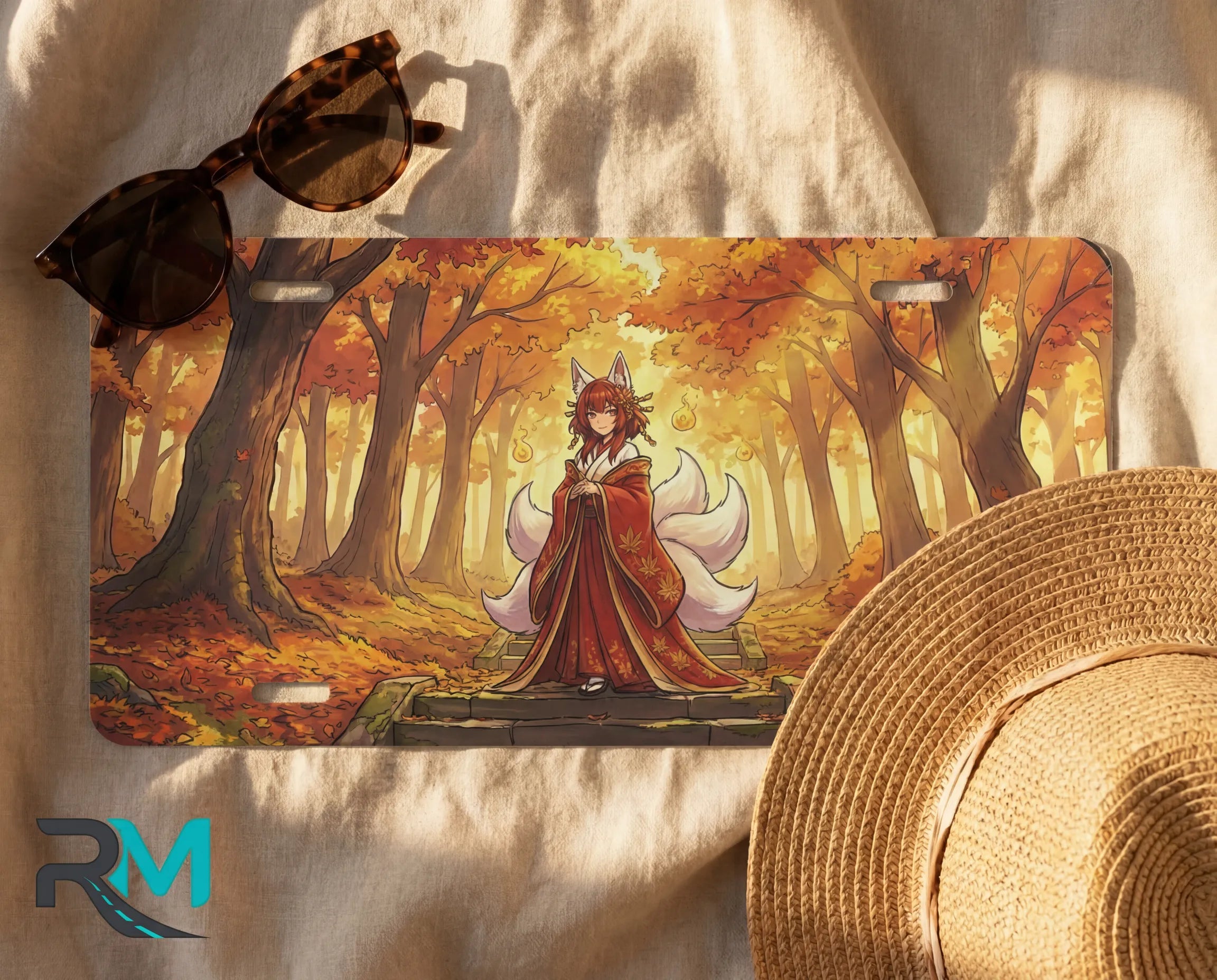 autumn fox spirit license plate flat lay — warm red gold kitsune enchanted autumn forest front plate