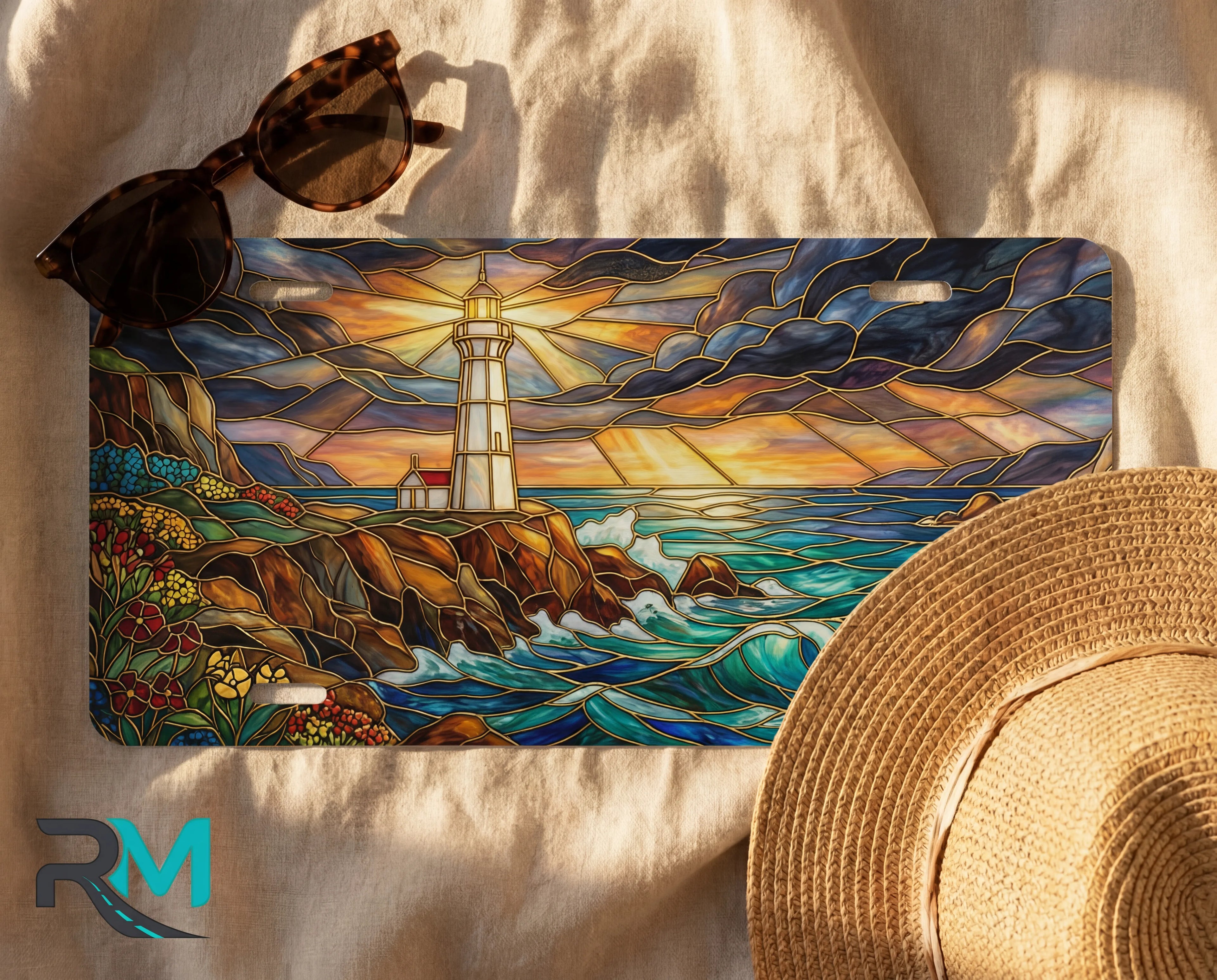 lighthouse seascape vanity plate as gift — vivid coastal blue lighthouse waves license plate ready to give