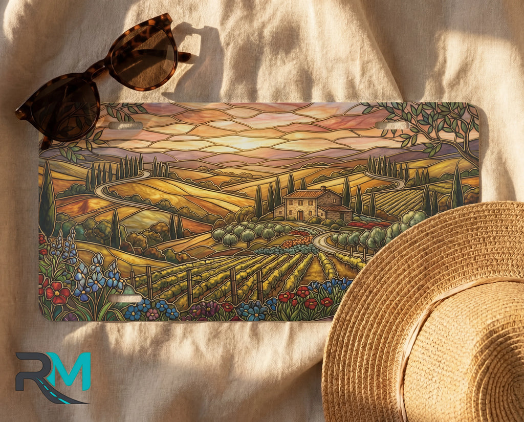 tuscan vineyard license plate flat lay — warm amber cypress vineyard golden hour farmhouse front plate