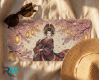 geisha sakura lanterns license plate flat lay — soft pink kimono cherry blossom amber lanterns front plate