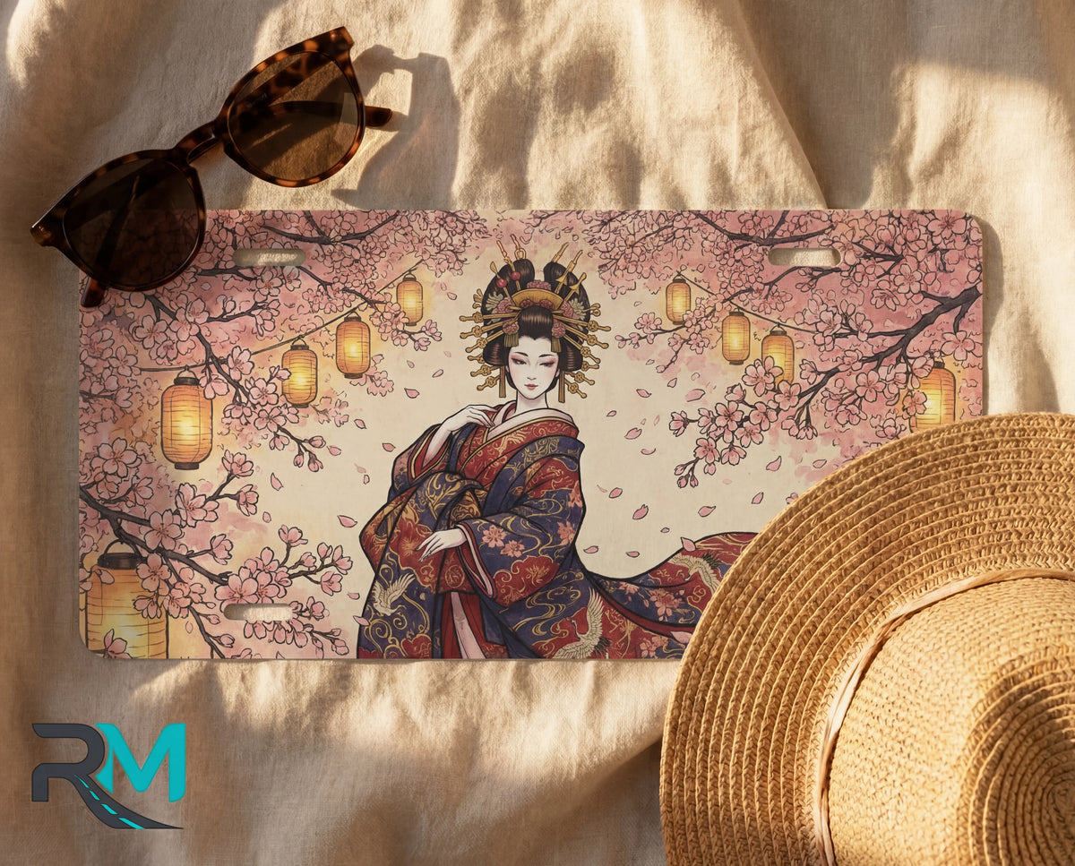 geisha sakura lanterns license plate flat lay — soft pink kimono cherry blossom amber lanterns front plate