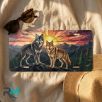 sunset wolves license plate flat lay — jewel tone wolves sunrise mountain ranges front plate