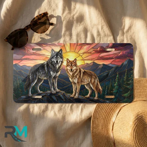 sunset wolves license plate flat lay — jewel tone wolves sunrise mountain ranges front plate