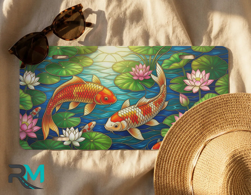 koi fish license plate flat lay — vivid orange koi aqua pond front license plate
