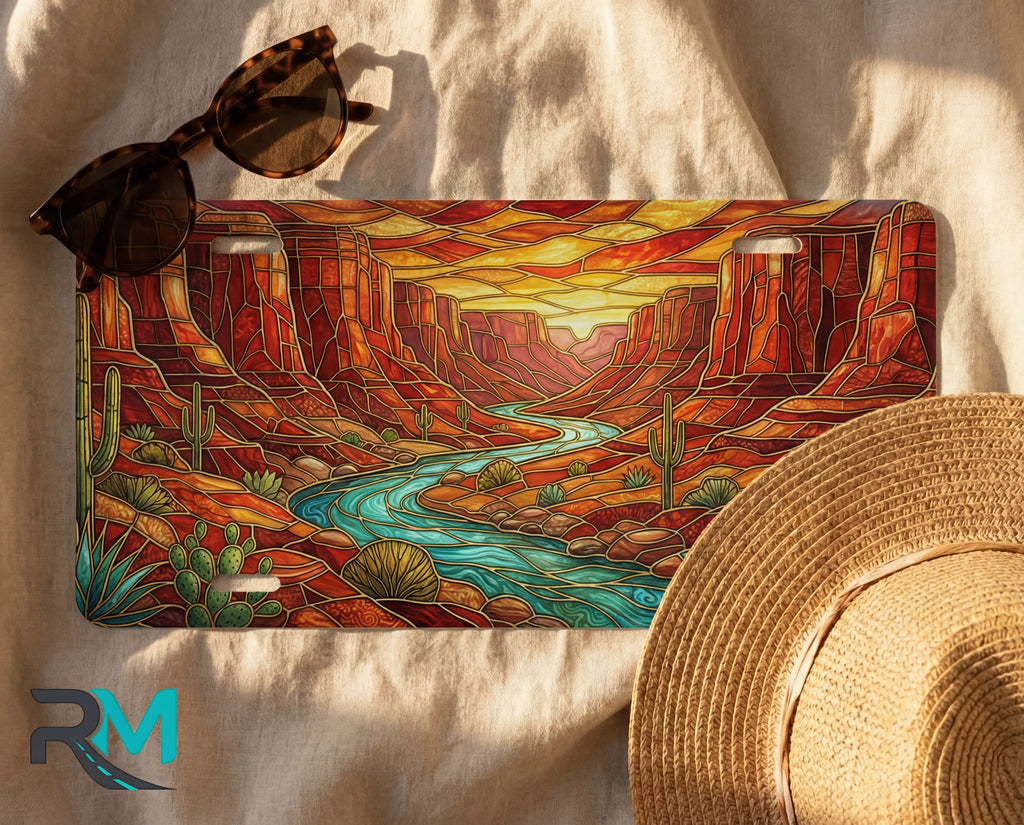 desert canyon river license plate flat lay — turquoise creek red rock canyon walls amber sunset front plate