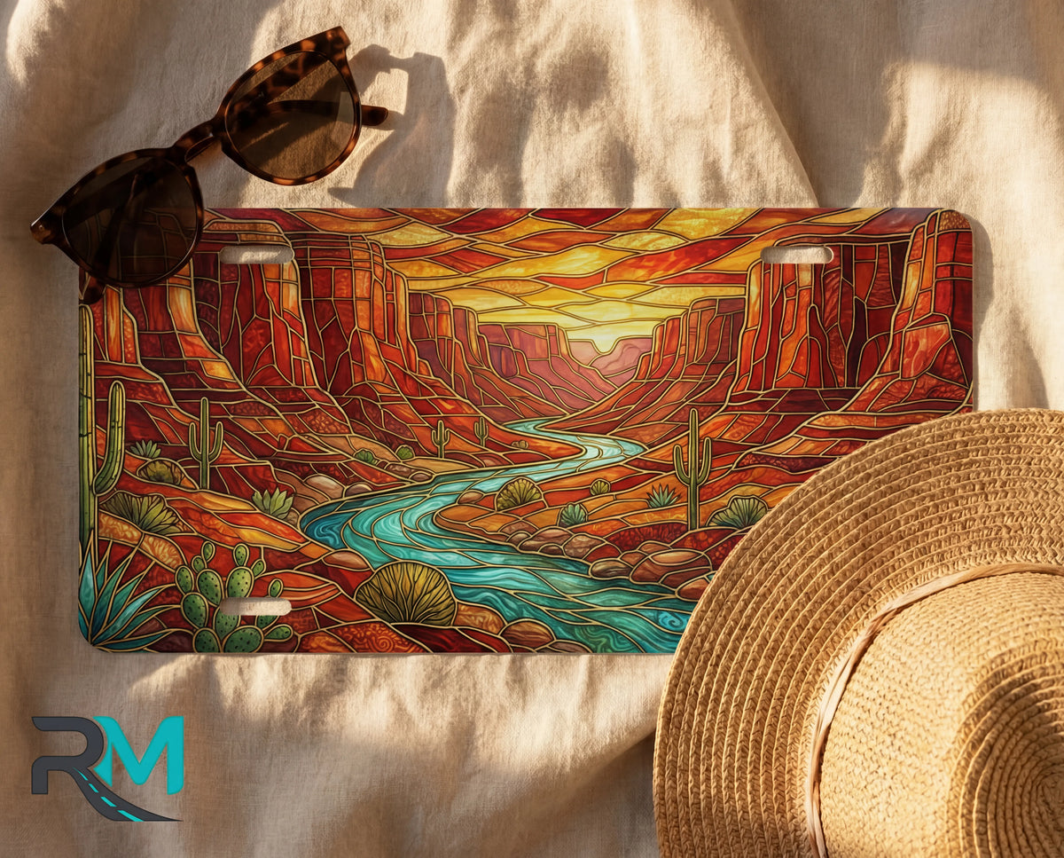 desert canyon river license plate flat lay — turquoise creek red rock canyon walls amber sunset front plate
