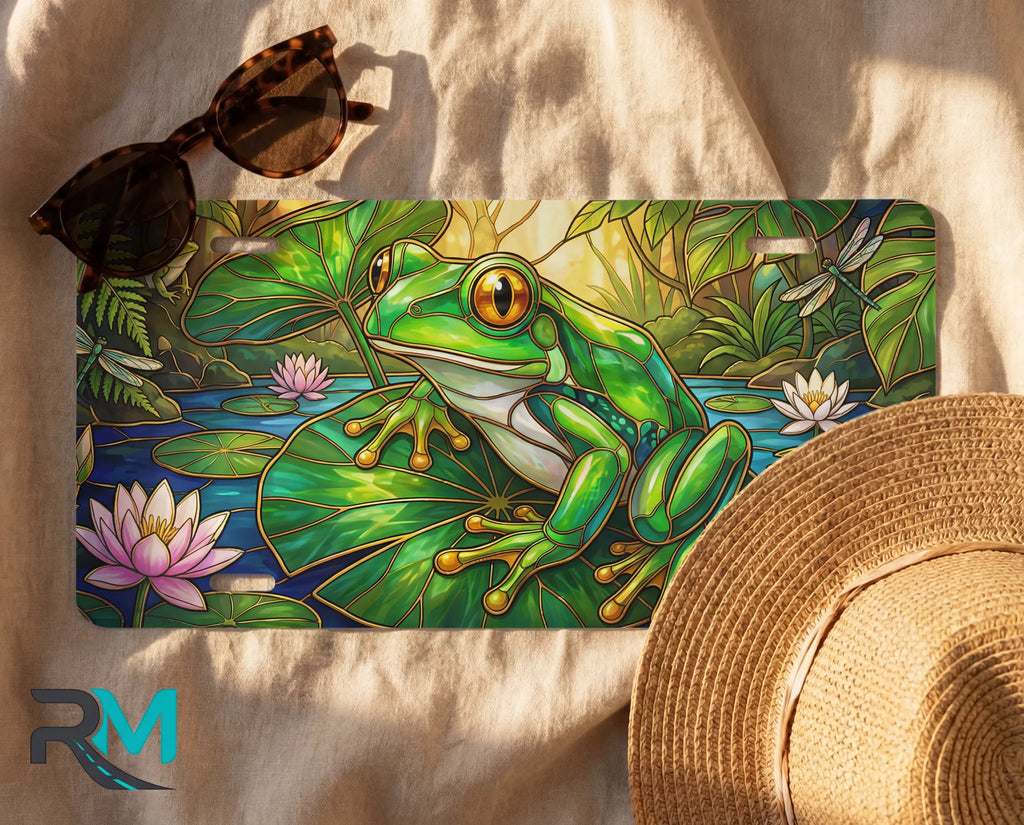 green tree frog license plate flat lay — jewel green frog lily pad pink water lily front plate