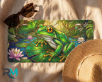 green tree frog license plate flat lay — jewel green frog lily pad pink water lily front plate