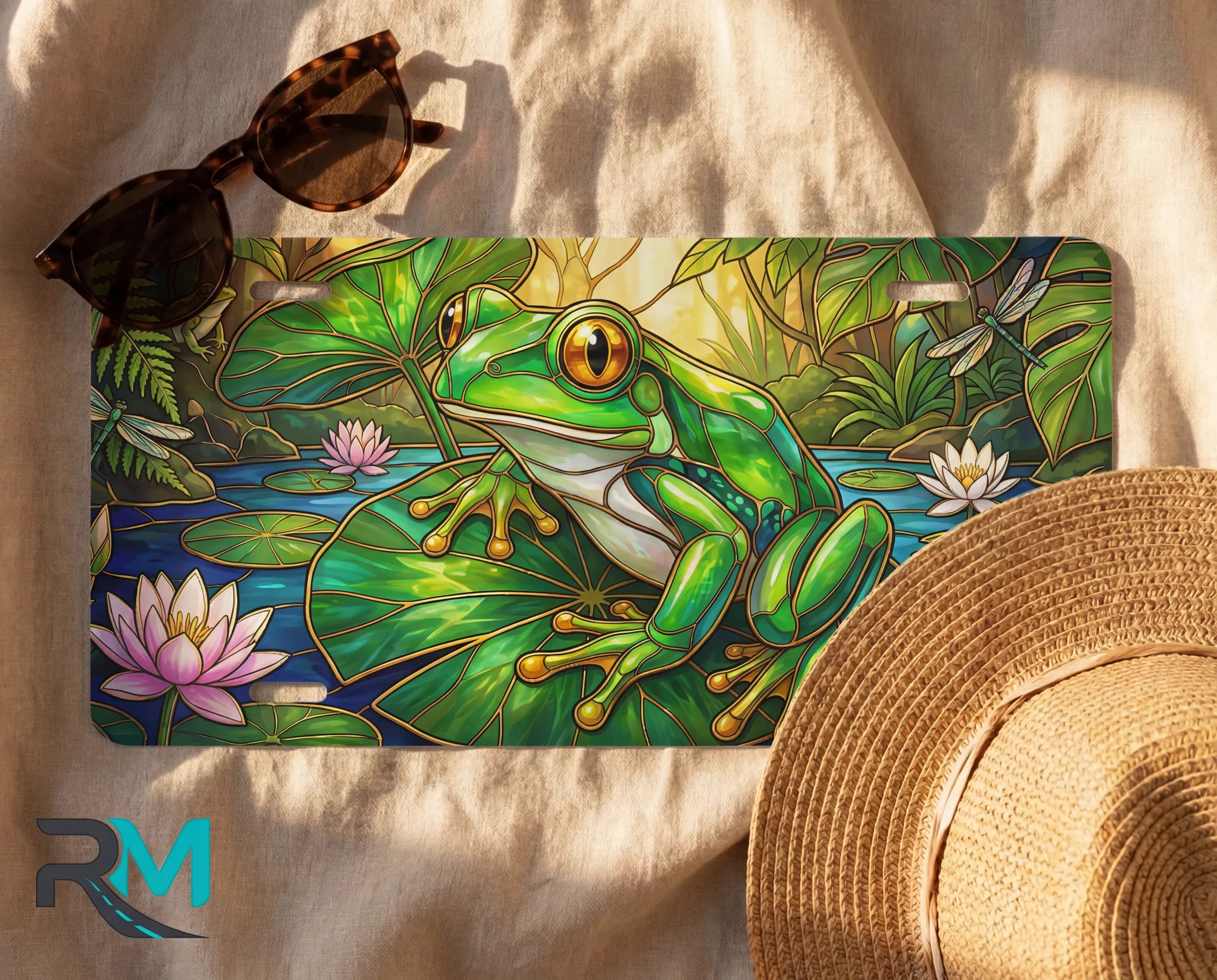 green tree frog license plate flat lay — jewel green frog lily pad pink water lily front plate