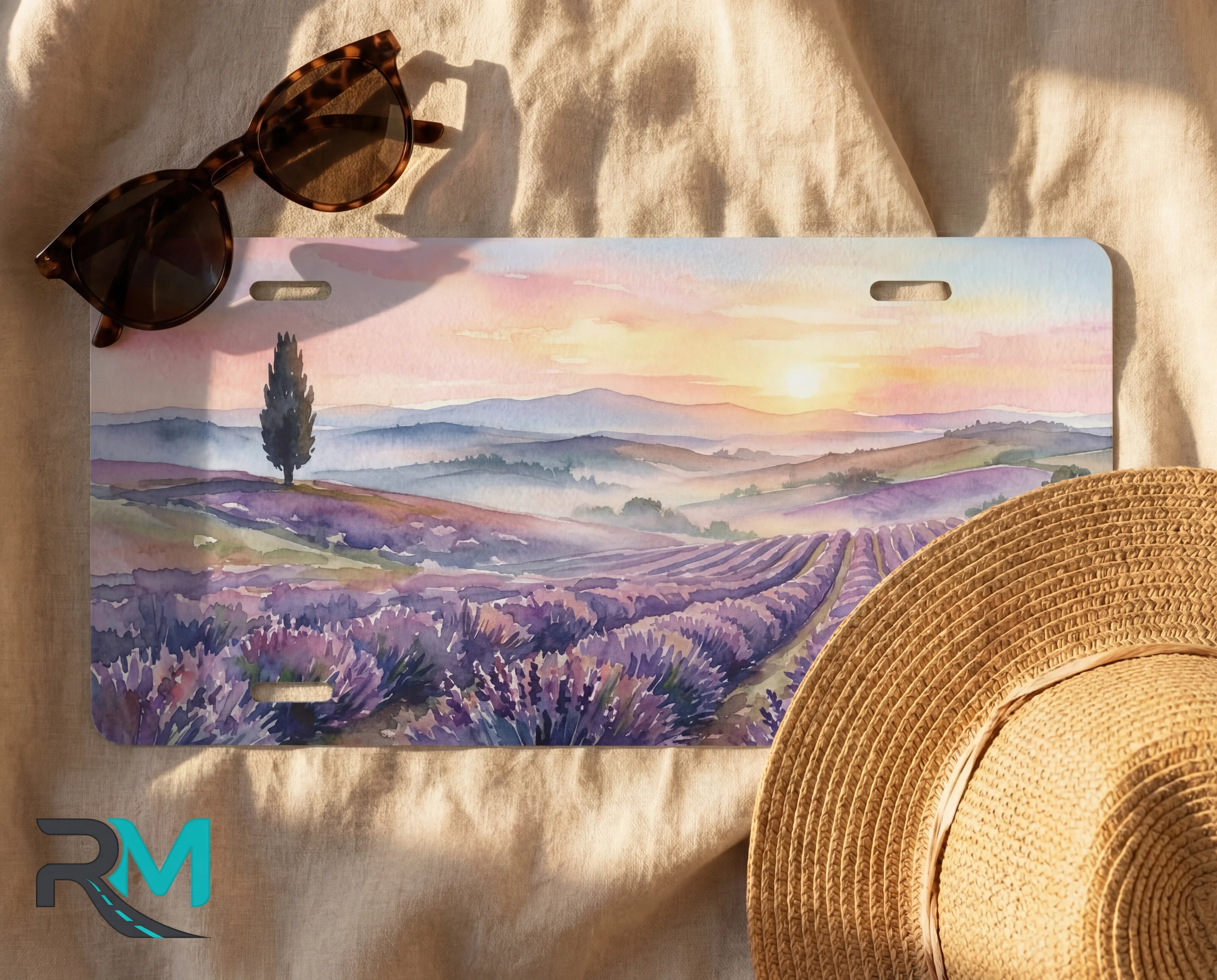 decorative lavender license plate flat lay — watercolor sunrise field front license plate