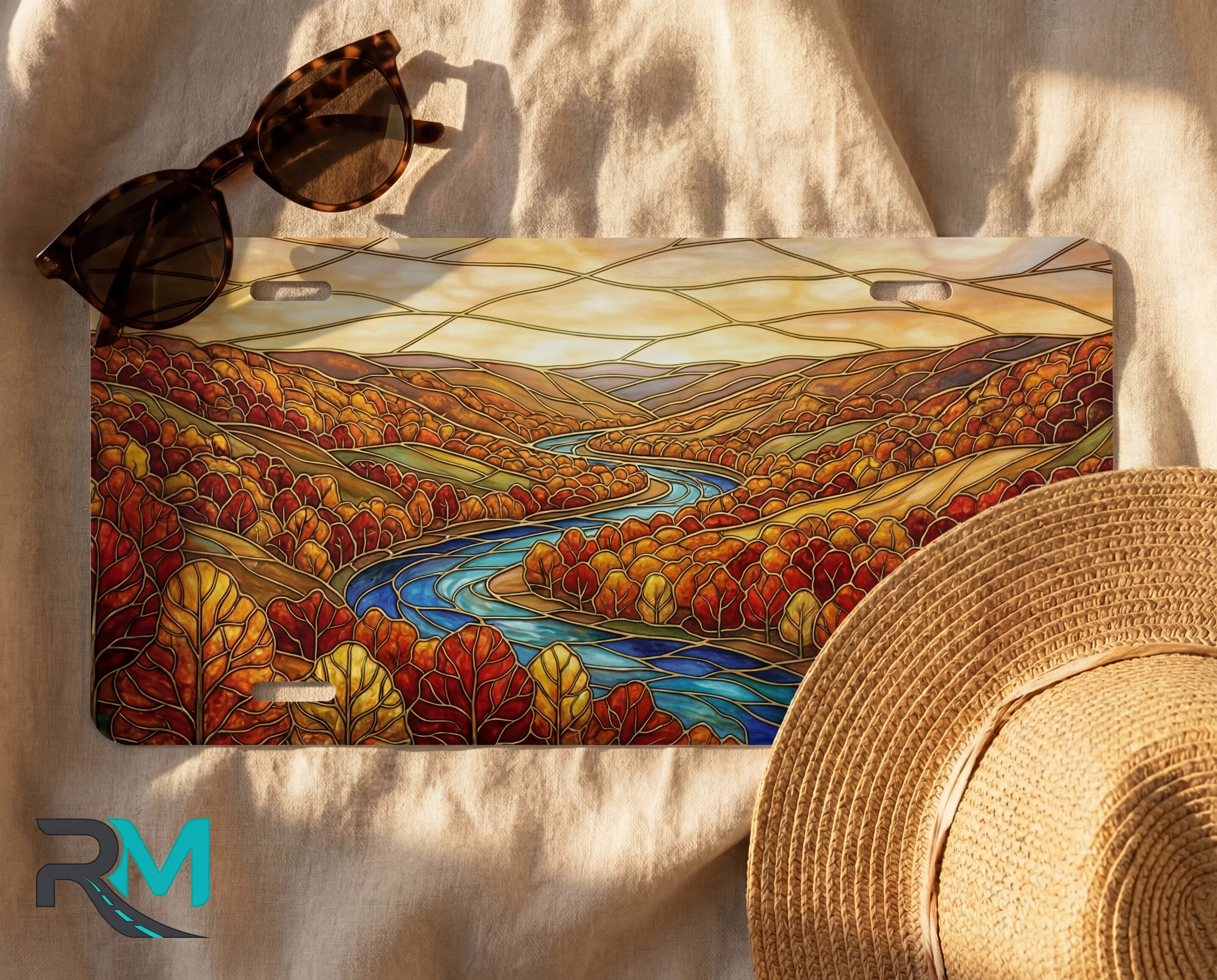 autumn river landscape license plate flat lay — rich autumn red gold winding river hillside front plate