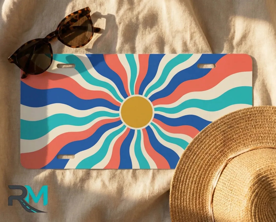 bright colorful wave license plate flat lay — retro wavy sunburst front license plate