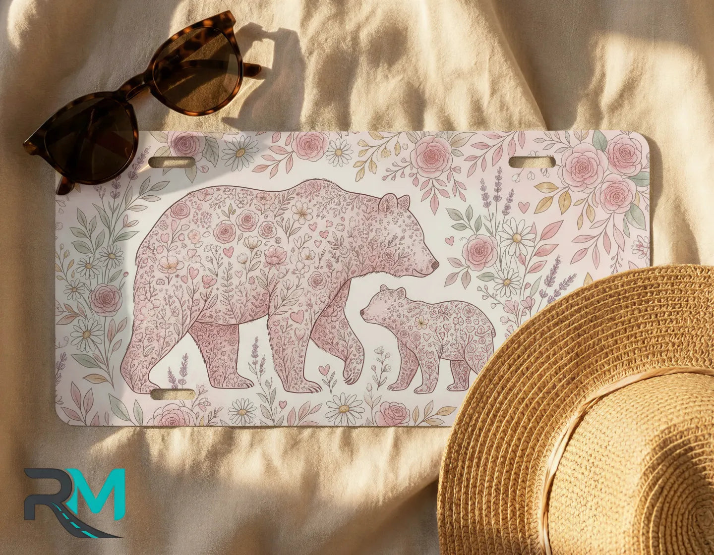 bear mom cub license plate flat lay — blush rose floral nursery front license plate