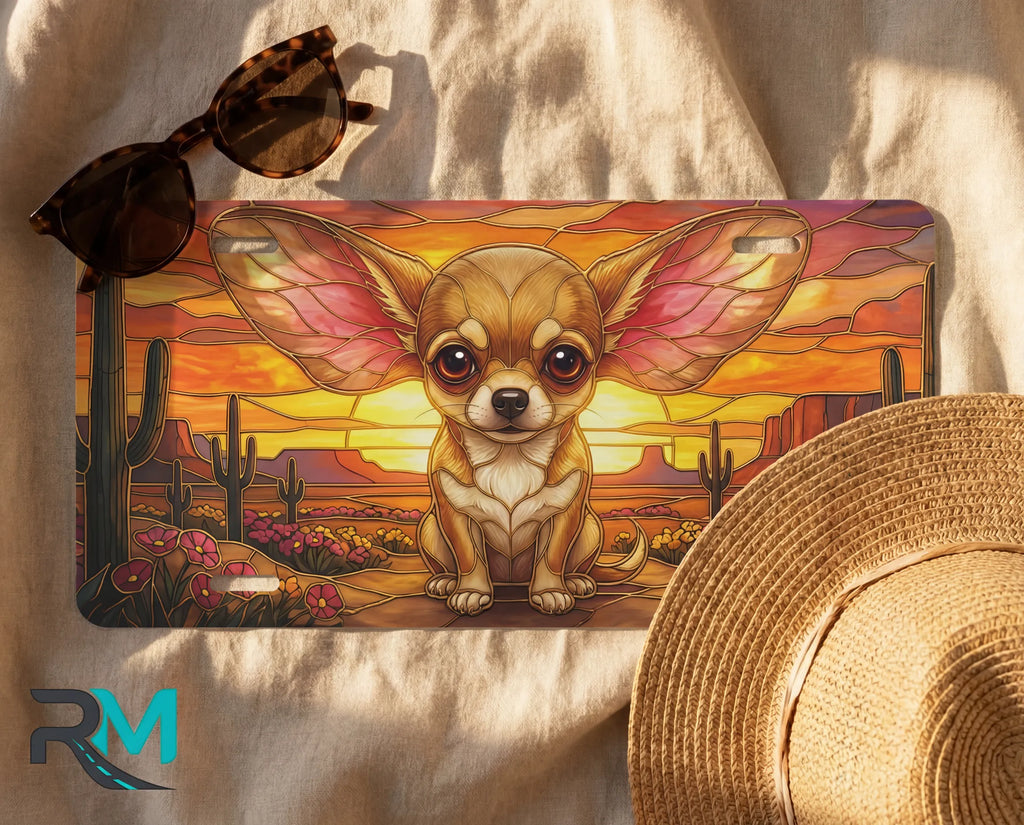 chihuahua desert license plate flat lay — golden chihuahua desert sunset bloom front plate