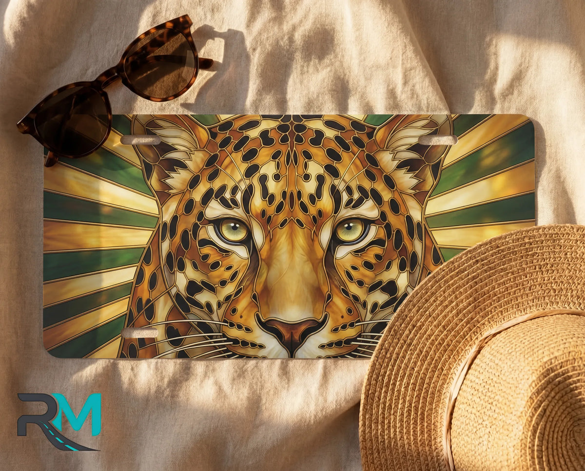leopard face license plate flat lay — golden green stained glass cat front license plate