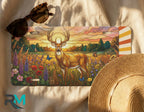 deer meadow license plate flat lay — warm amber buck wildflower meadow front license plate