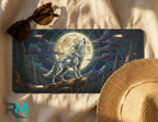 wolf moon license plate flat lay — midnight blue gold stained glass wolf front license plate
