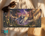 forest wizard license plate flat lay — deep purple gold wizard glowing magic ancient trees front plate