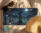 grim reaper license plate flat lay — deep blue cloaked reaper spectral green cemetery front plate