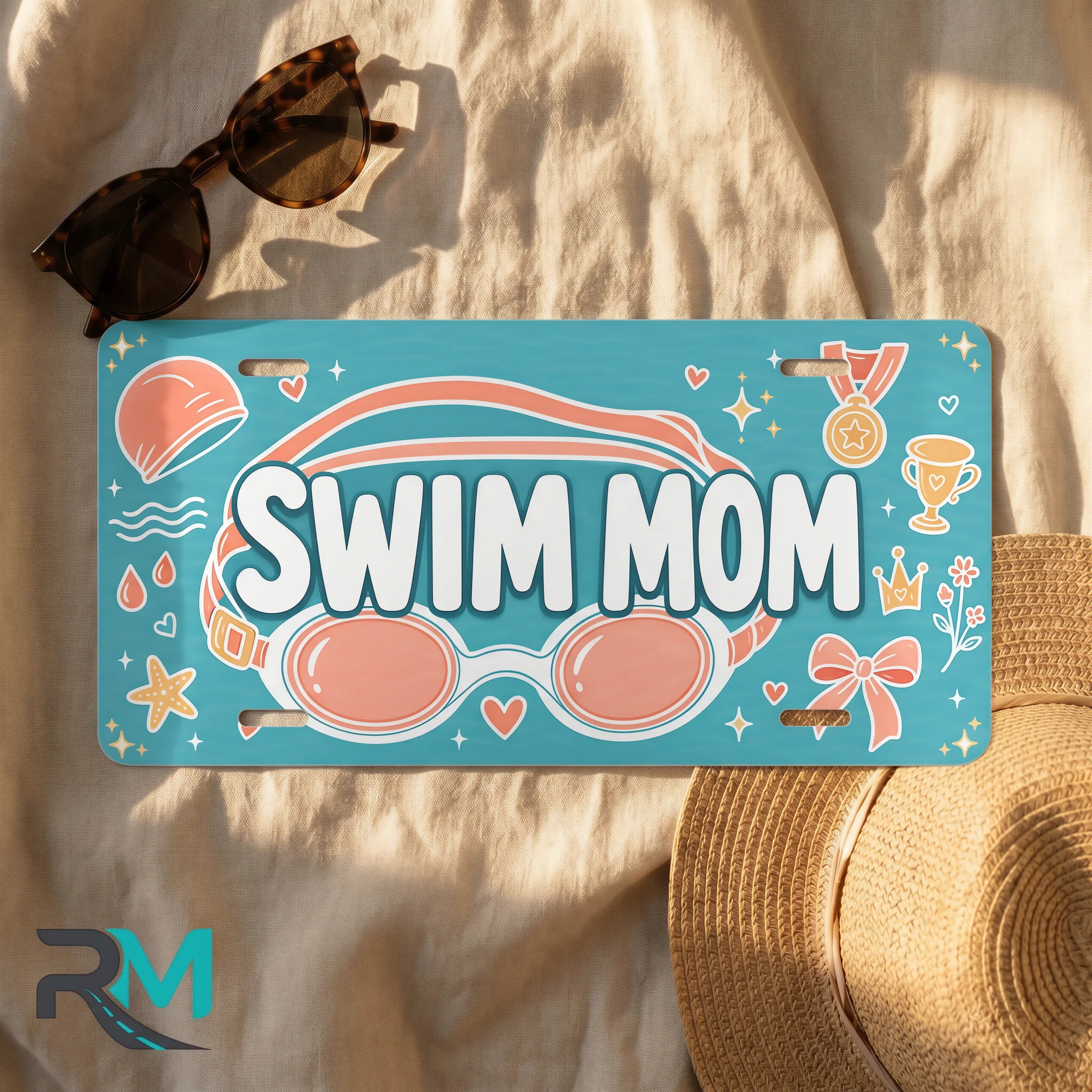 swim mom license plate flat lay — teal coral goggles medal front license plate