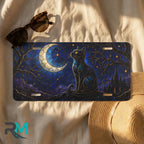 moonlit black cat license plate flat lay — deep indigo cobalt black cat crescent moon stars front plate