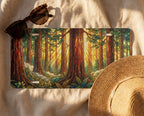 redwood forest license plate flat lay — warm amber golden light redwood trunks forest fern front plate