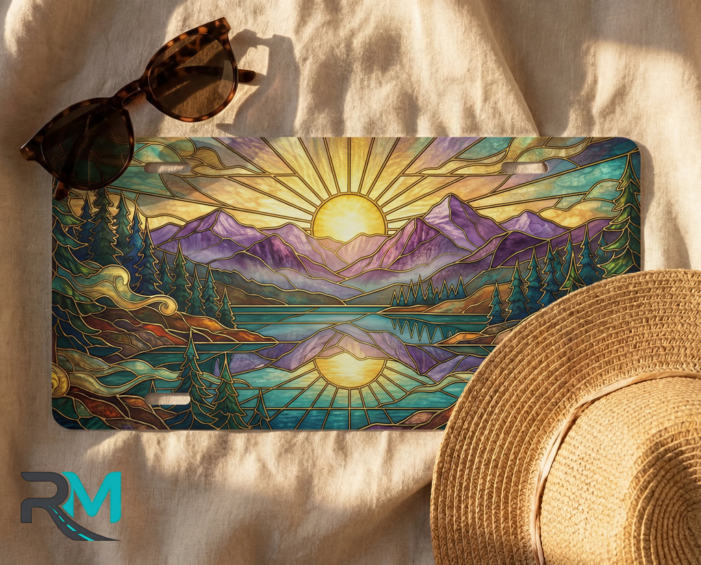 sunrise mountain lake vanity plate as gift — warm gold purple mountain lake license plate ready to give