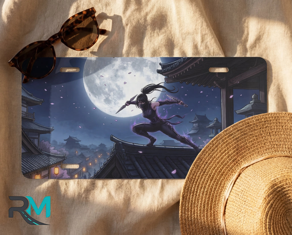 moonlit ninja license plate flat lay — glowing moon white midnight ninja cherry blossoms front plate