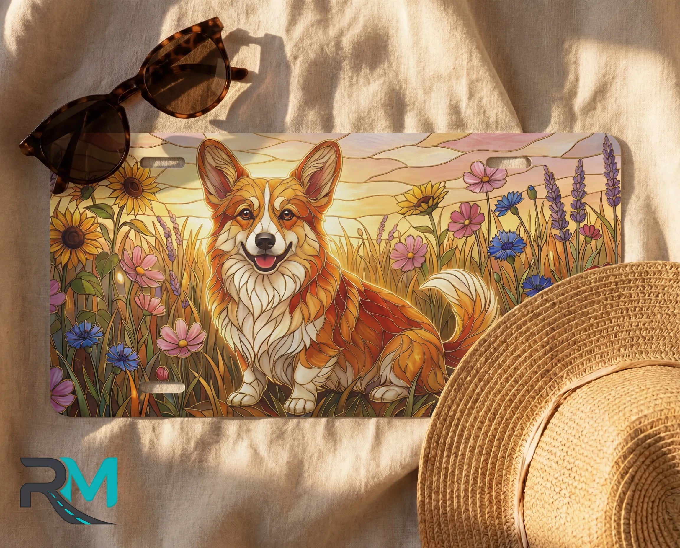 corgi wildflower license plate flat lay — soft gold pink corgi wildflower front plate