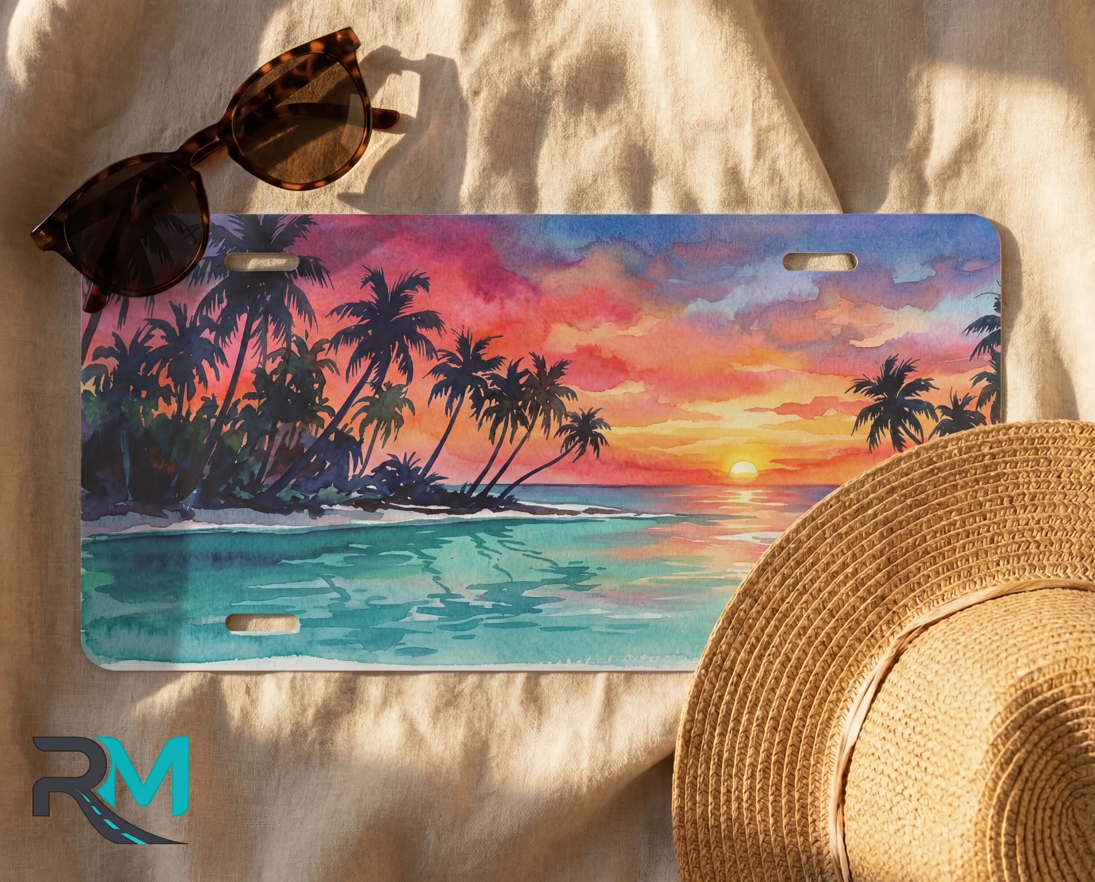 decorative palm sunset license plate flat lay — fuchsia orange teal front license plate