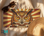 owl vanity plate flat lay — amber rust gold sunburst owl front license plate