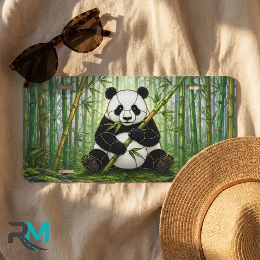 panda bamboo license plate flat lay — soft green panda bamboo grove front plate