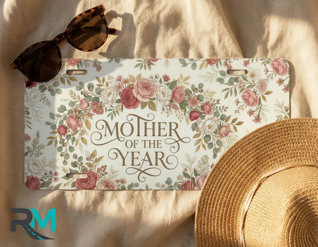 mother of the year license plate flat lay — dusty pink sage vintage front license plate
