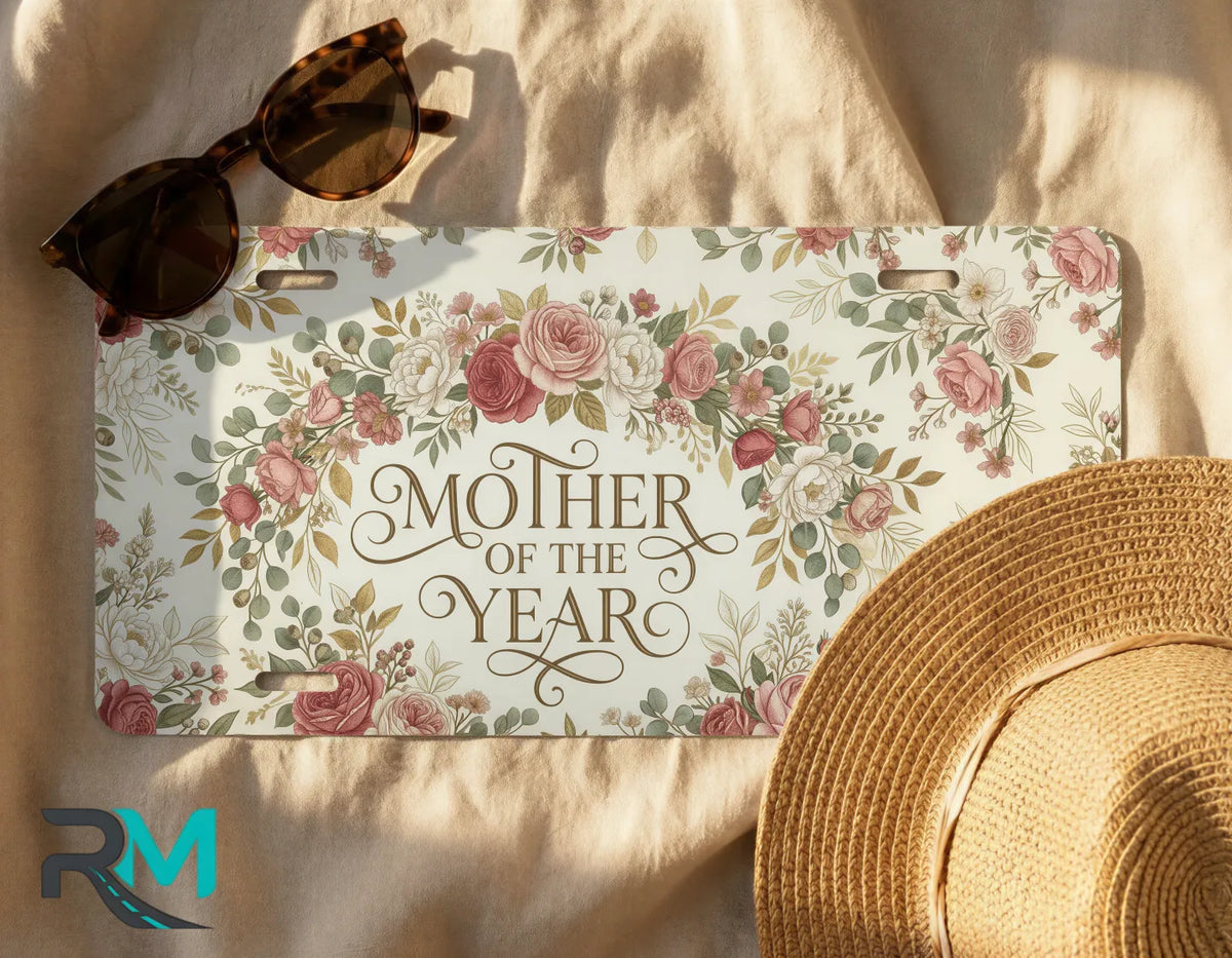 mother of the year license plate flat lay — dusty pink sage vintage front license plate