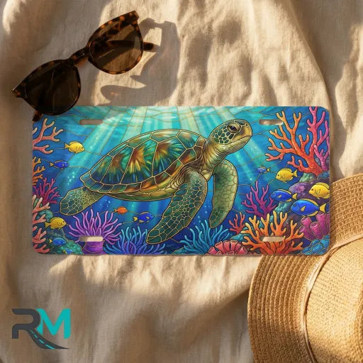 sea turtle ocean license plate flat lay — vivid ocean blue coral reef front plate