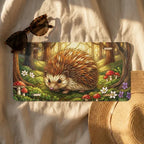 woodland hedgehog license plate flat lay — golden green hedgehog moss mushroom front plate