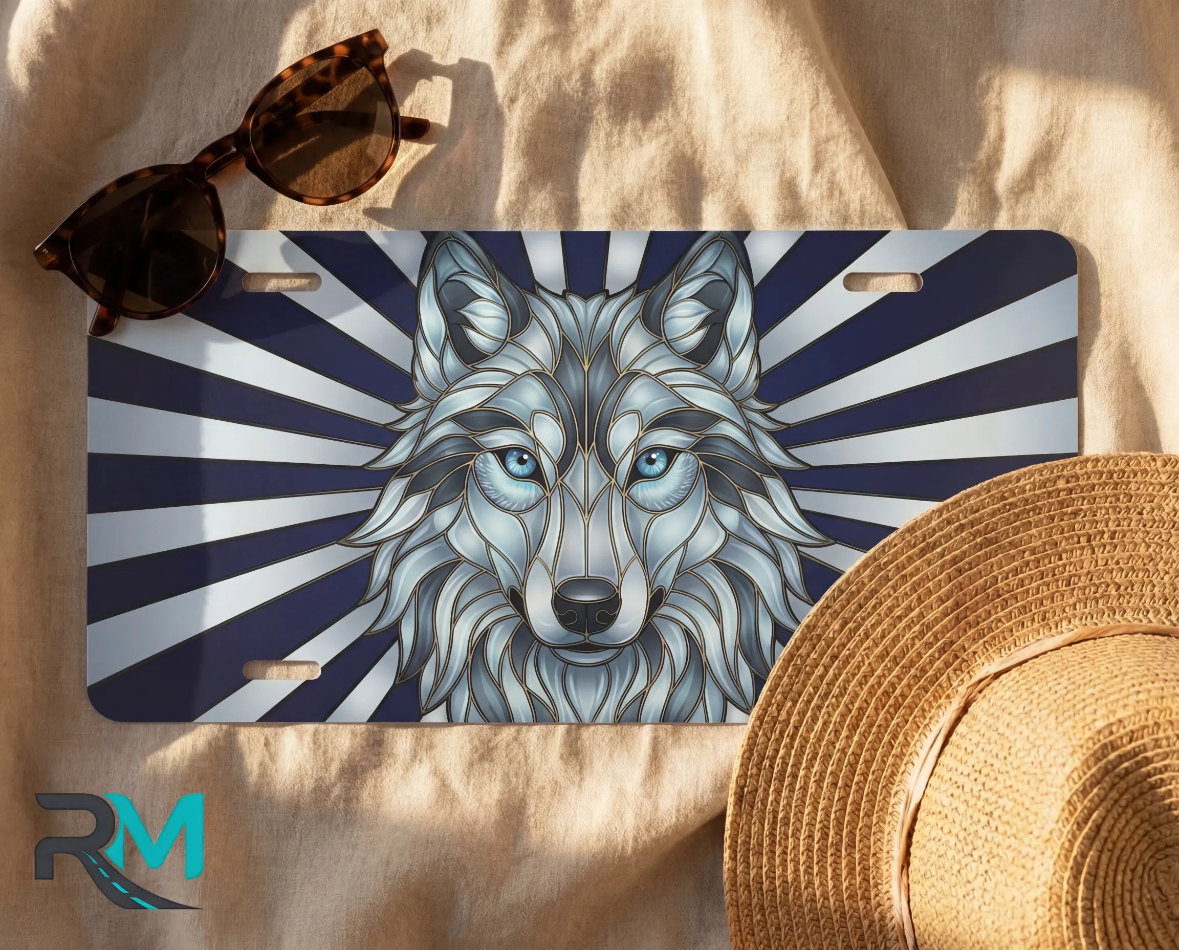 blue wolf face license plate flat lay — cool navy icy blue graphite wolf front license plate