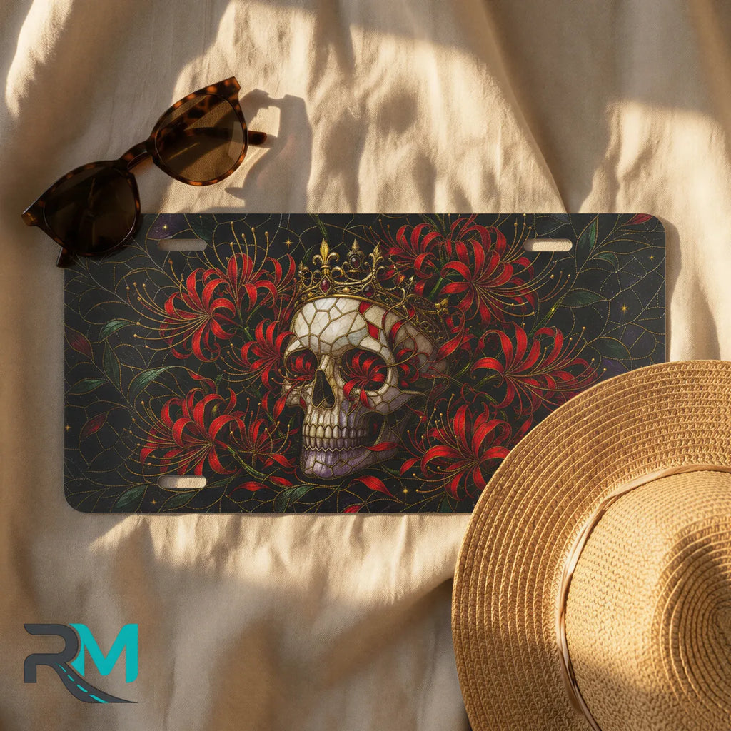 skull crown license plate flat lay — jewel red crowned skull red chrysanthemum front plate