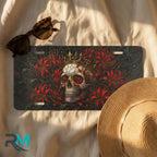 skull crown license plate flat lay — jewel red crowned skull red chrysanthemum front plate