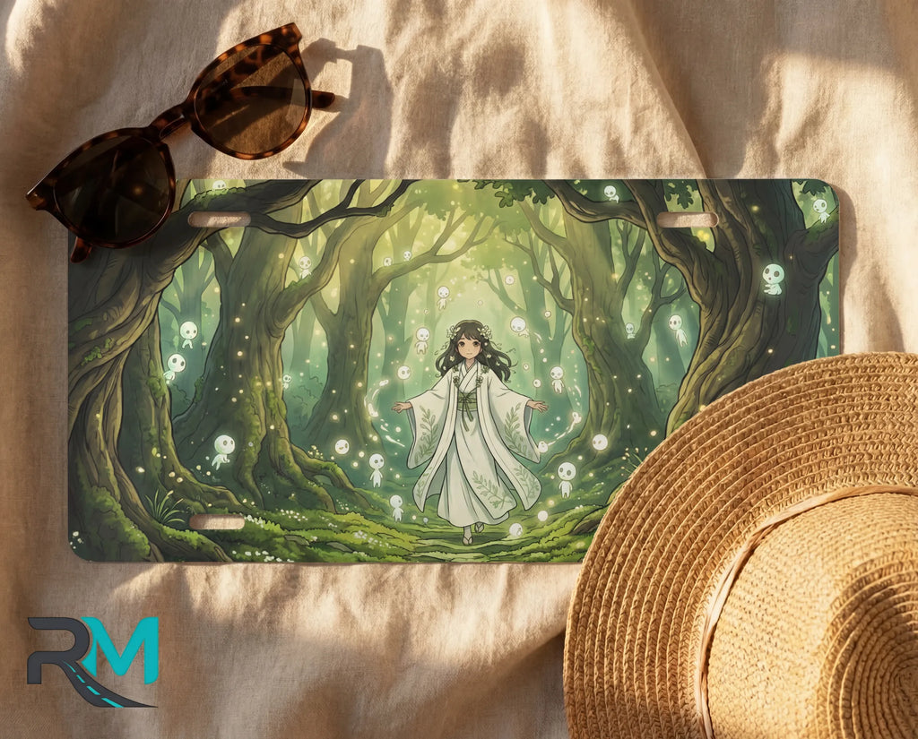 forest spirit license plate flat lay — moonlit glade spirit lights ancient trees figure front plate